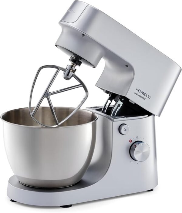 KENWOOD Robot Pâtissier HOMEBAKE 1000W avec bol en acier inoxydable 5,0L, K-Beater, fouet, crochet pétrisseur, KHH01.000SI Argent